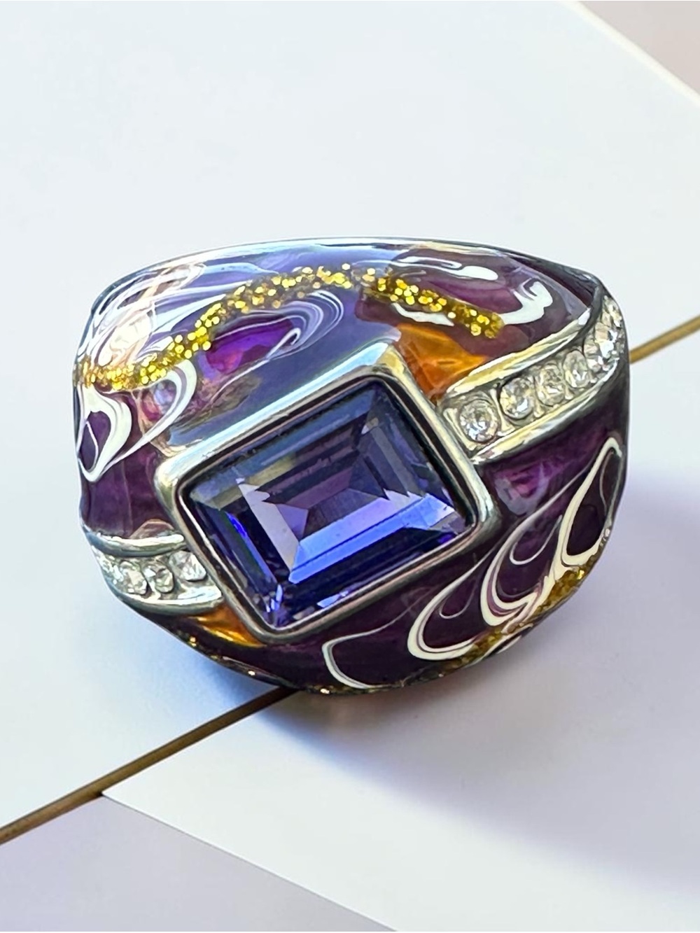 Unique Purple Stone & Enamel Ring size 7